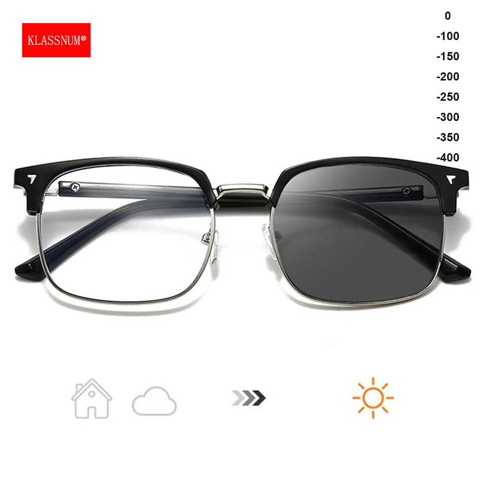 KLASSNUM Men Photochromic Glasses Half Frame Finished Myopia Glasses Transparent Color Change Glasses Minus 0 -1.5 -2.0 -4.0