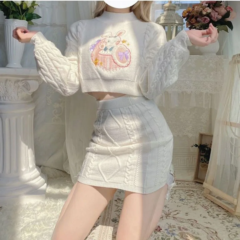 

Sweet Women Sets Knitted O-Neck Full Sleeve Casual Crop Tops Kawaii Embroidery Sweaters Mini Knit Skirts Suit White Outfit Girls
