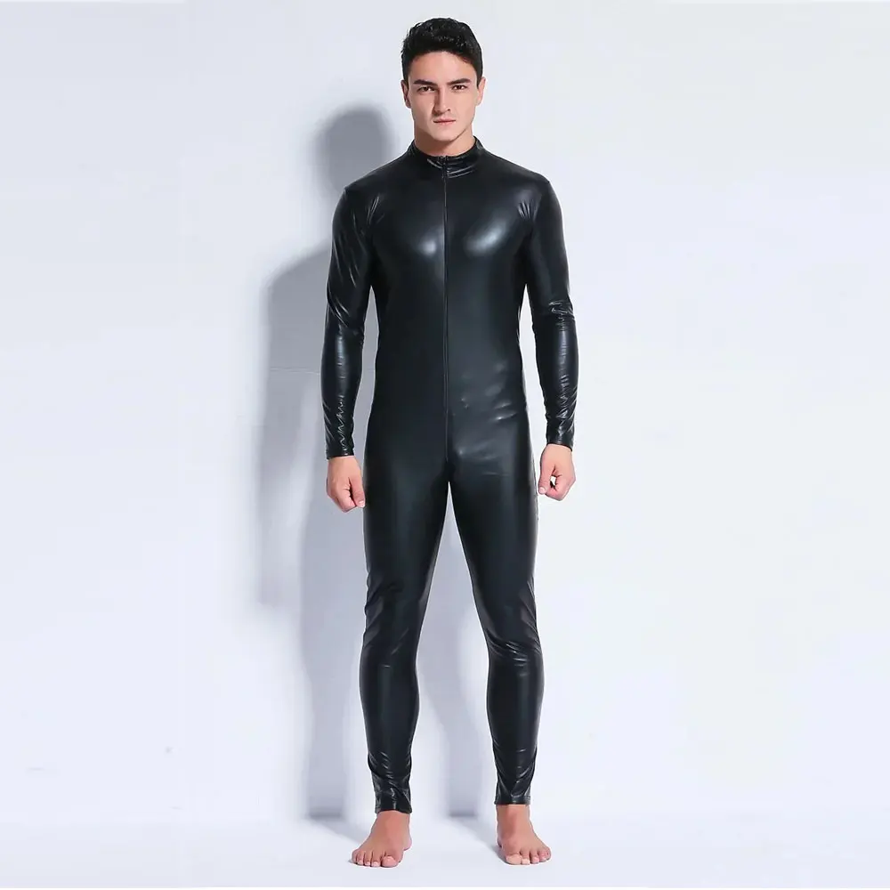 Plus Size Men Catsuit Faux Leather Long Zipper Crotch Bodysuit Night Club Jumpsuit Latex Bodysuit