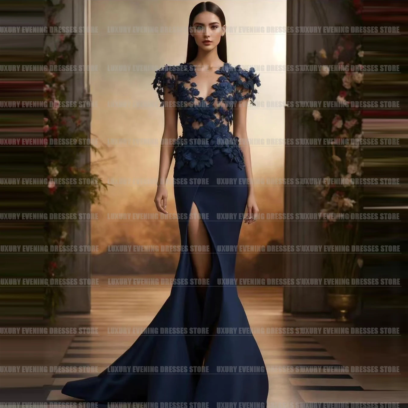 

Boho Luxury Appliques Mermaid Evening Dresses Sexy Side Split V Neck Bohemia For Woman Formal Elegant Party Prom Gowns Vestidos