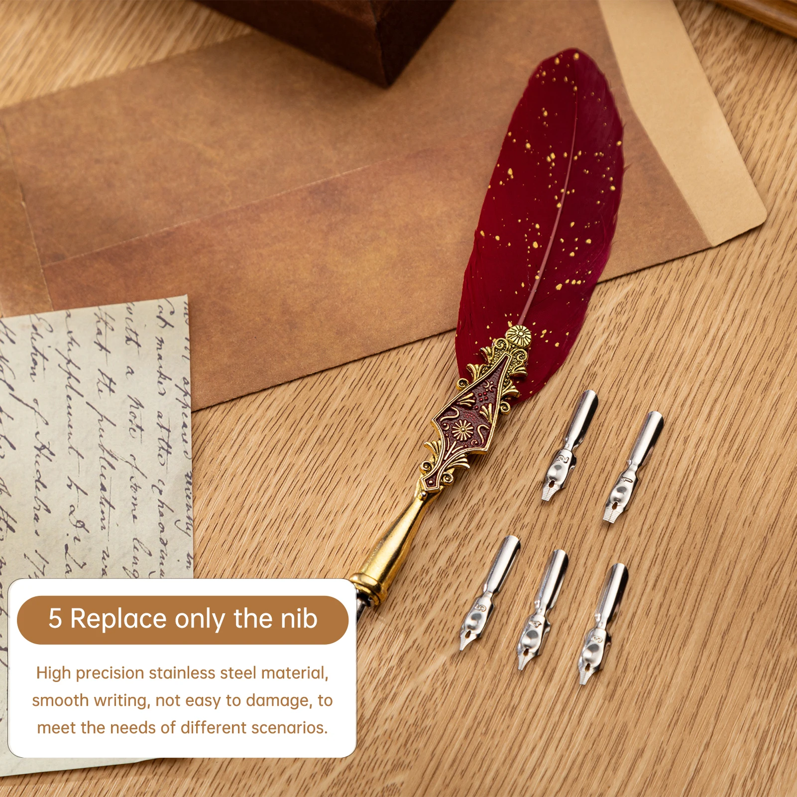 Retro Feather Dip Pen Set Vintage Quill Pen Elegant Style Calligraphy Writing Signature with Replacement Nibs Ideal for Letters