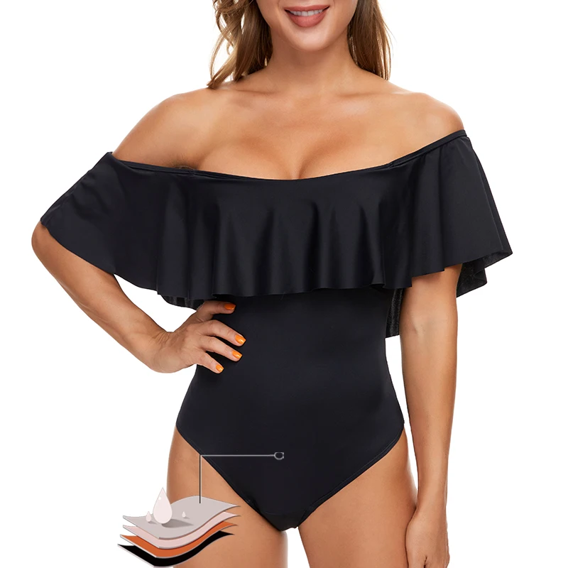 Female Solid Black Ruffled One-piece Swimsuit Women Sexy Lace Up Monokini Swimwear New Girl Beach Bathing Suits