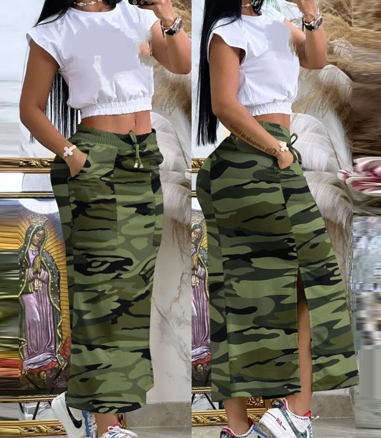 

Женский летний Полный комплект с принтом, однотонная короткая Футболка с рукавами-шапками и открытым пупком и юбка с разрезом и кулиской, 2024