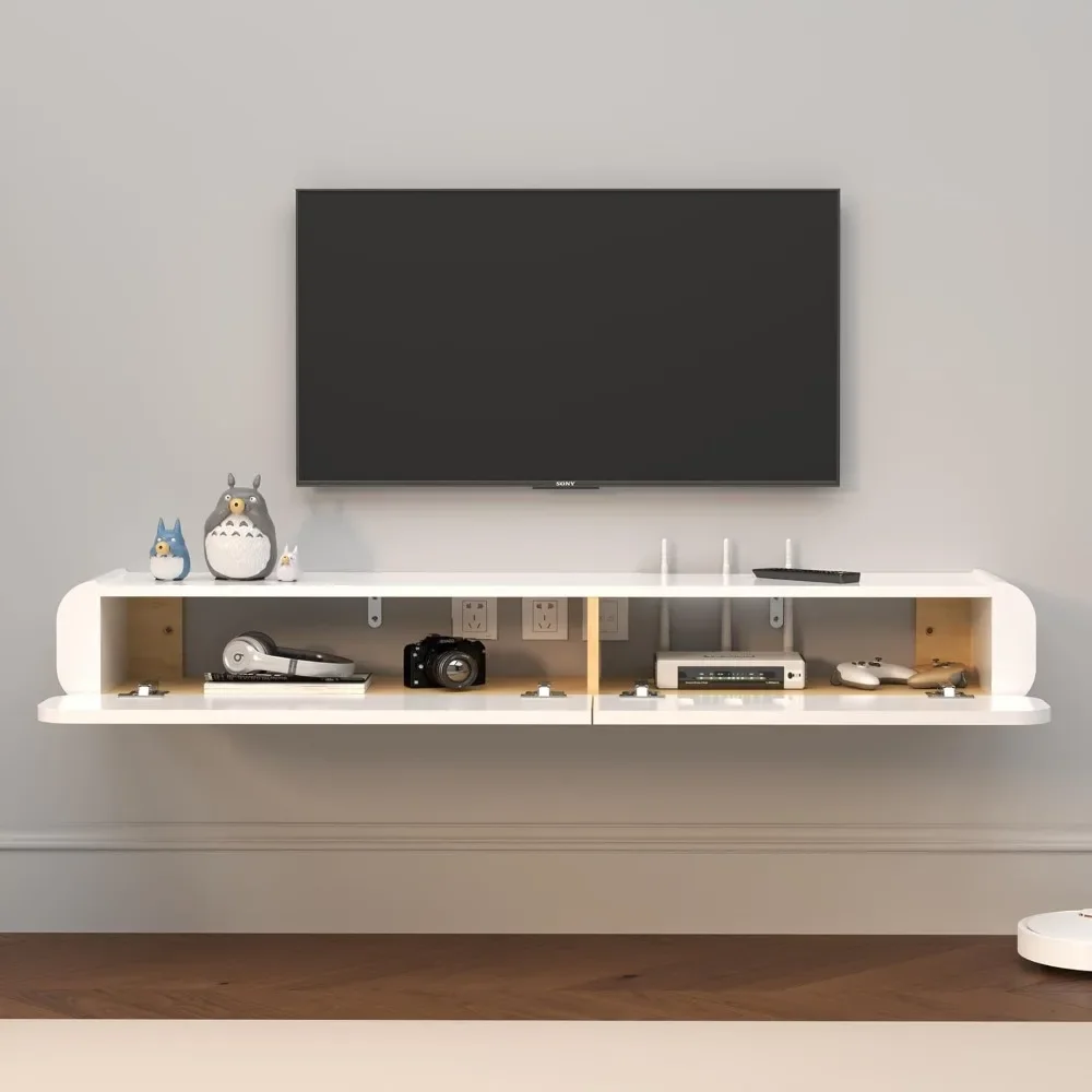 52'' High Gloss Wall Mounted TV Cabinet, Floating TV Shelves，Modern Entertainment Media Console Center Large Storage TV Bench 3