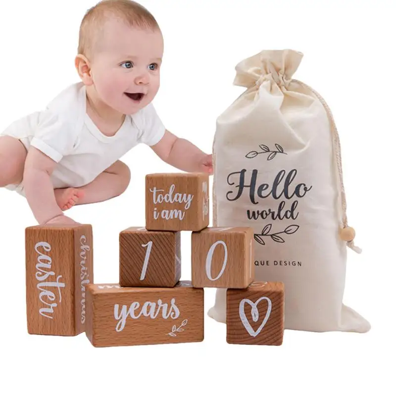 

Baby Month Milestone Card Beech Block Square Engraved Newborn Birth Month Birthday Milestones Block Photography Props