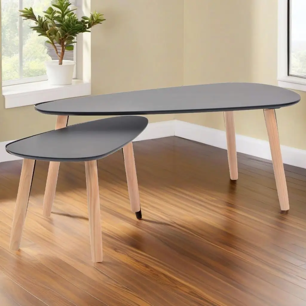 2-Piece Solid Pinewood Coffee Table Set - Elegant Black Finish for Living Room 2