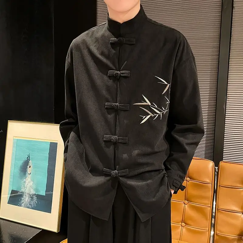 Chinese Style Stand Collar Hand Buttoned Bamboo Embroidered Long Sleeved Tang Suit Top Shirt Men's Autumn Casual Jacket