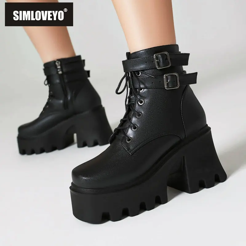 

SIMLOVEYO Gothic Women Ankle Boots Square Toe Chunky Heels 8cm Platform 4cm Zipper Lace Up Belt Buckles Big Size 43 Casual Bota