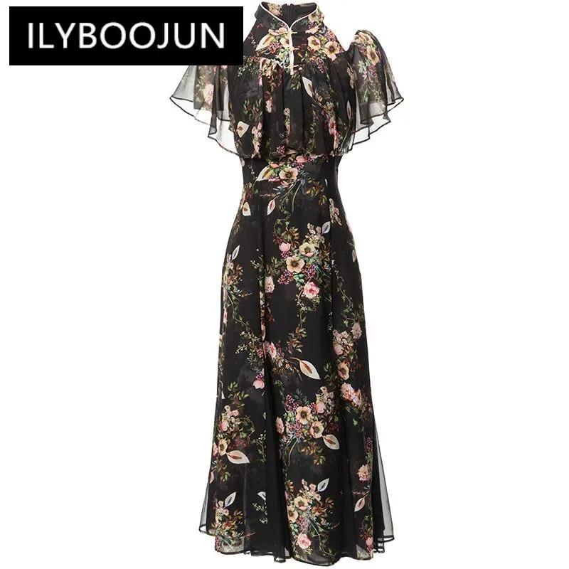 

ILYBOOJUN Fashion Designer Spring Summer Women's Stand Collar Cloak Sleeves Button Elegant Printed Bohemian Holiday Dresses