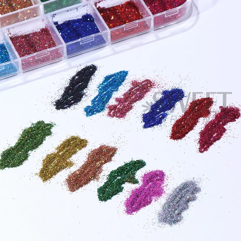 12 Grid Laser Powder Nail Glitter Pigment Holographic Iridescent Chameleon Fine Chrome Reflective Rubbing on Dust Manicure Decor