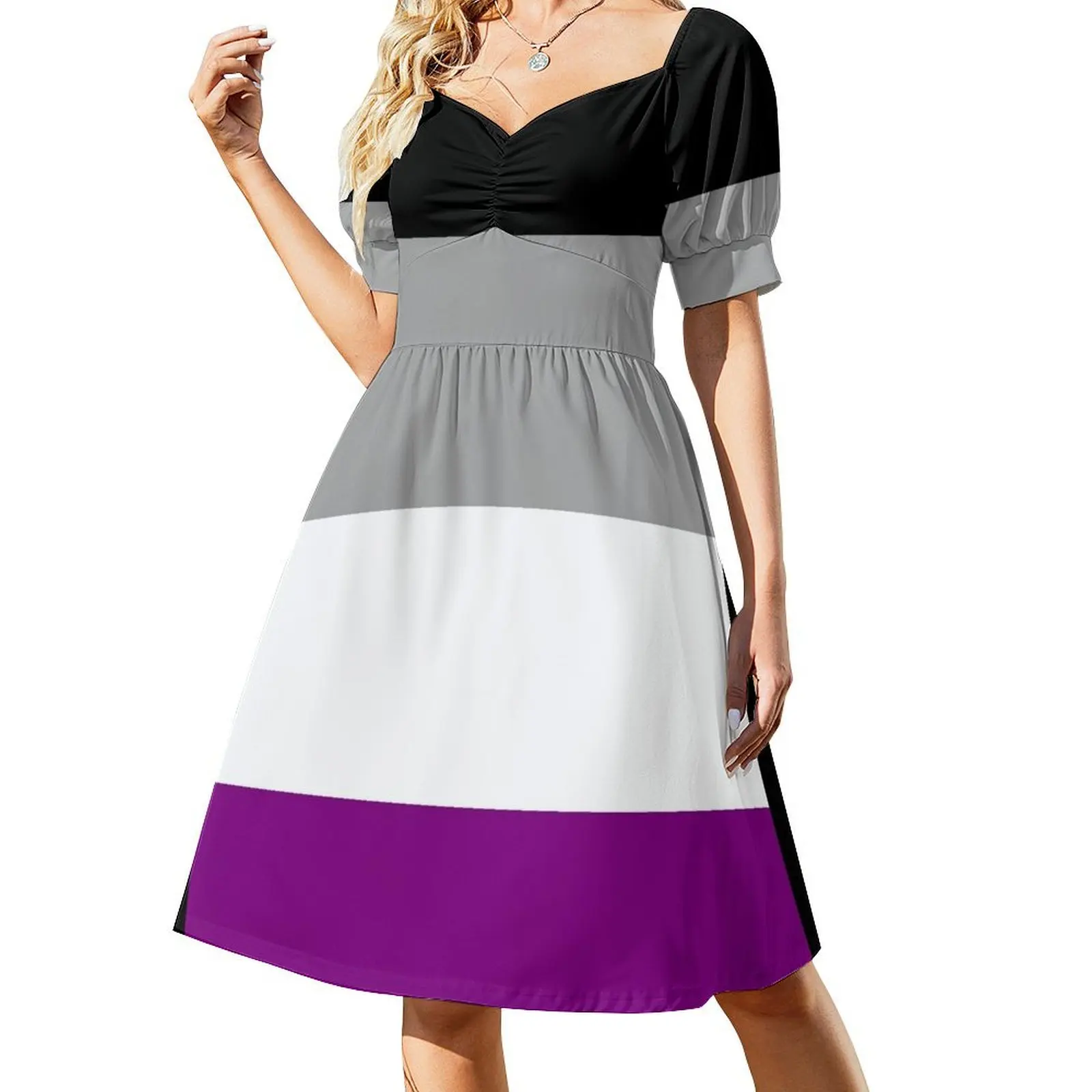 Vestido elegante de manga corta con estampado de bandera del orgullo asexual repetida sin costuras para mujer, vestidos de verano para mujer