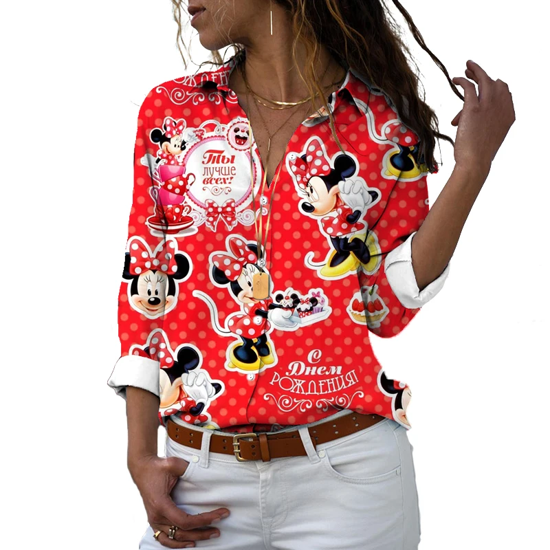 

Disney Female Cartoon Tops Mickey 3D Print Series Spring and Autumn Casual Button Tops Loose Long Sleeve Shirts