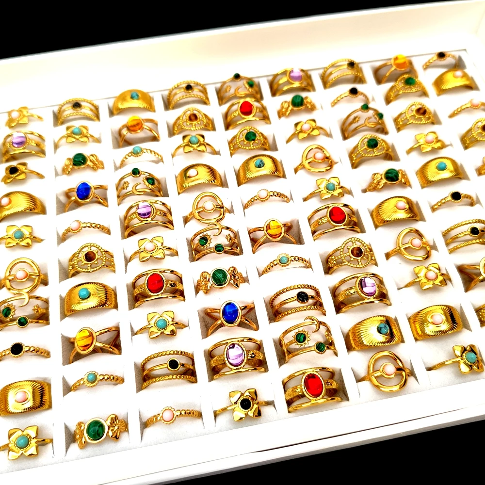 20Pcs/Lot Colorful Crystal Stone Stainless Steel Open Rings Beauty Enamel Ladies Rings Friendship Gift Anniversary Accessories