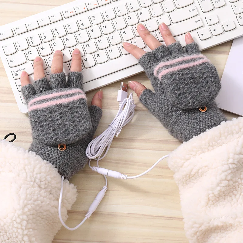 

Winter USB Heated Plush Knitted Gloves Striped Ladies Flip Cover Hand Warmer Gadgets To Keep Warm