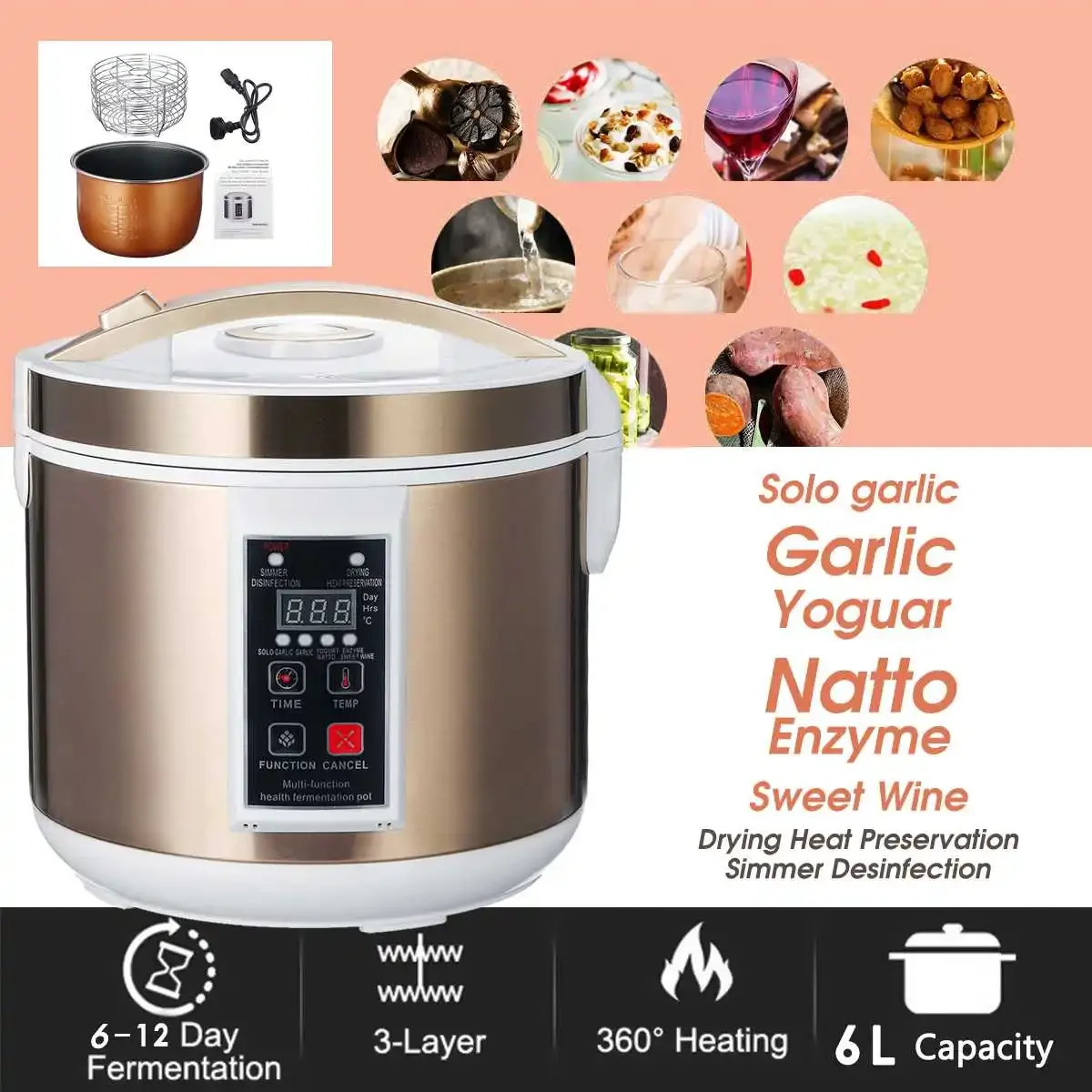 220V 6L Automatic Black Garlic Fermenter Yogurt Maker Intelligent Control DIY Cooker Garlic Ferment Smart Fermentation Machine