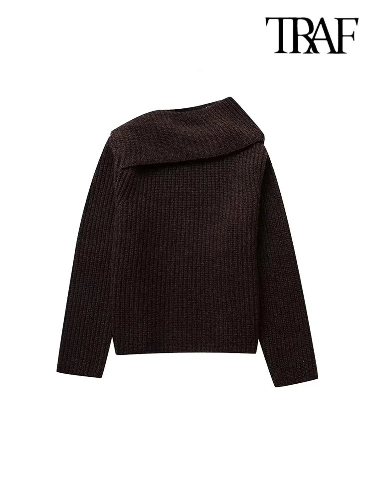 

TRAF-Women's Double Collar Knit Sweater, O Neck, Long Sleeve Pullovers, Chic Tops, Female Fashion