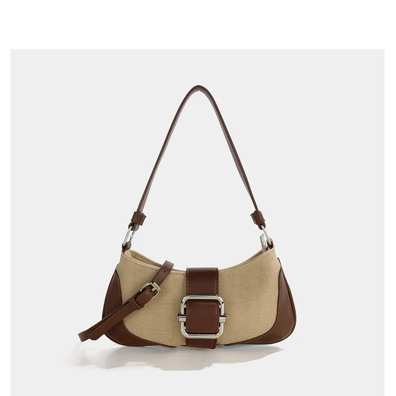 Retro canvas high-end stitching underarm baguette luxury designer new temperament shoulder bag ins fashion casual women's bag