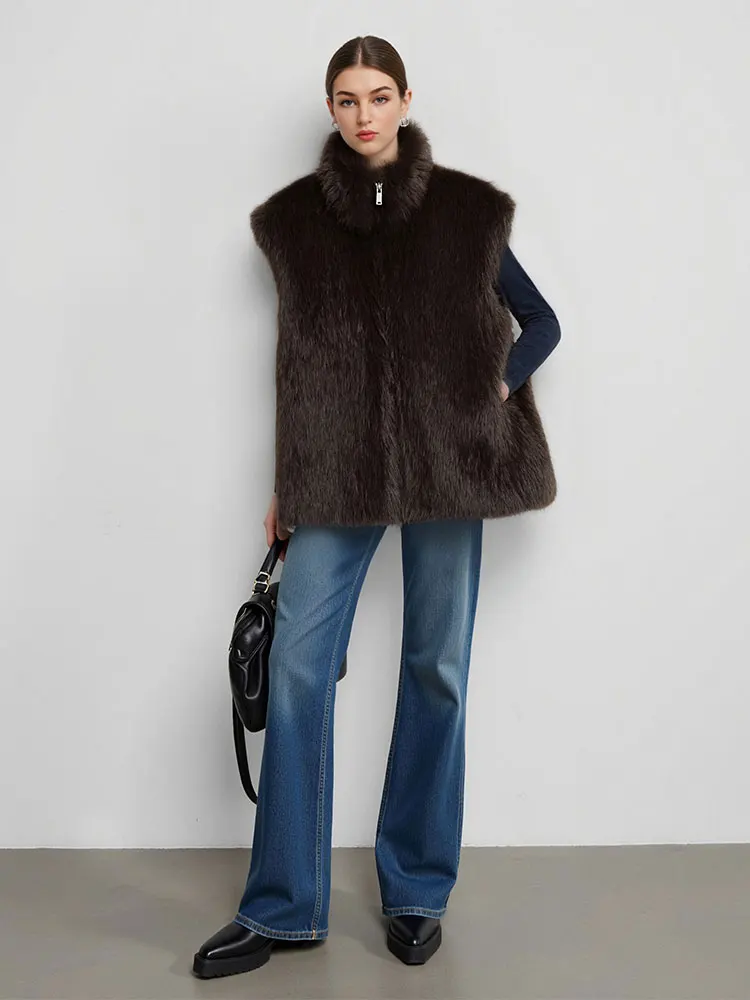 HH Autumn Faux Fur Vest Top For Women Elegant Fashion Turtleneck Sleeveless Zipper Waistcoat Winter Casual  Commuting Outerwear