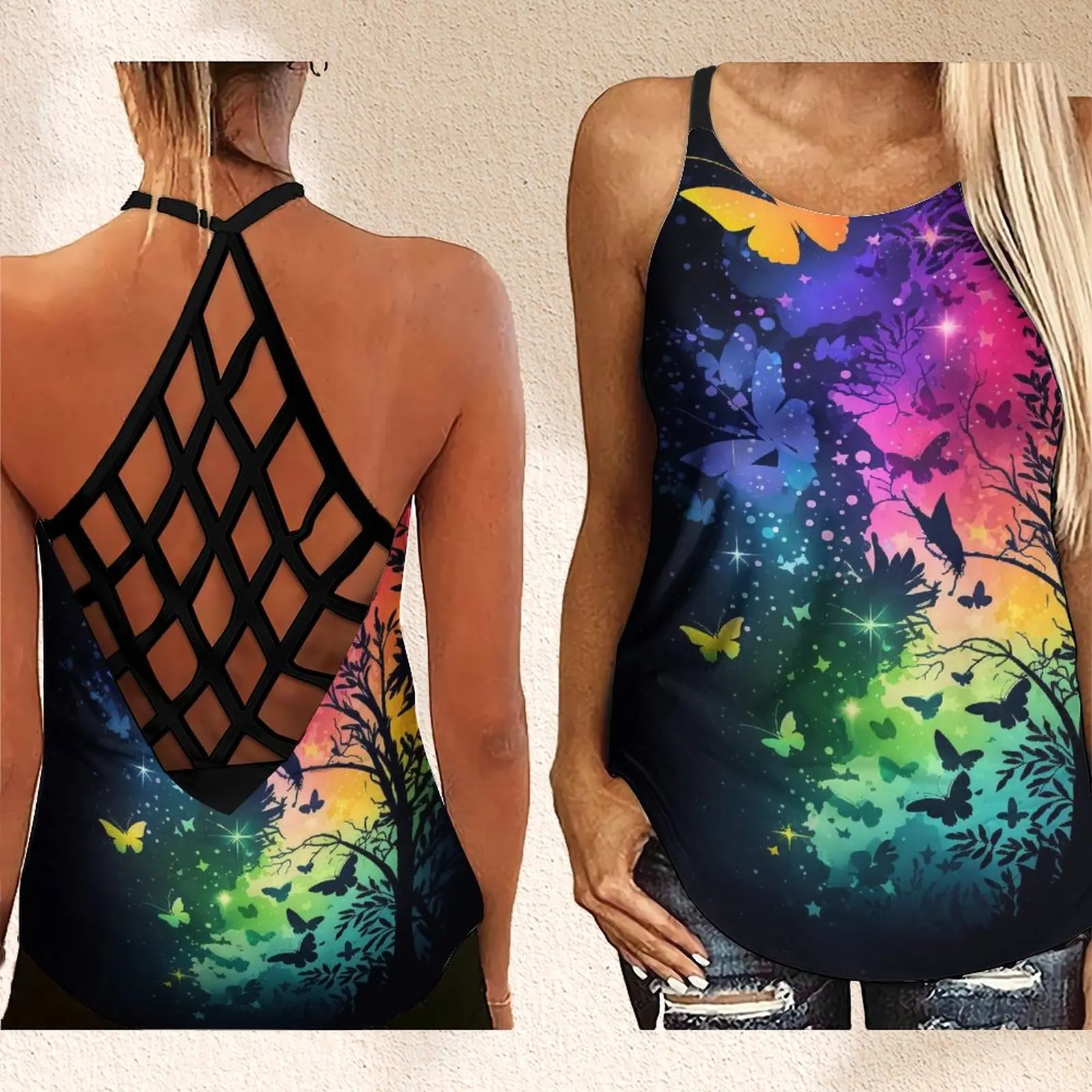 

Criss-Cross Open Back Tank Top Trace_Colorful_gradient_star_background_floral_and_butterfly_br_bba