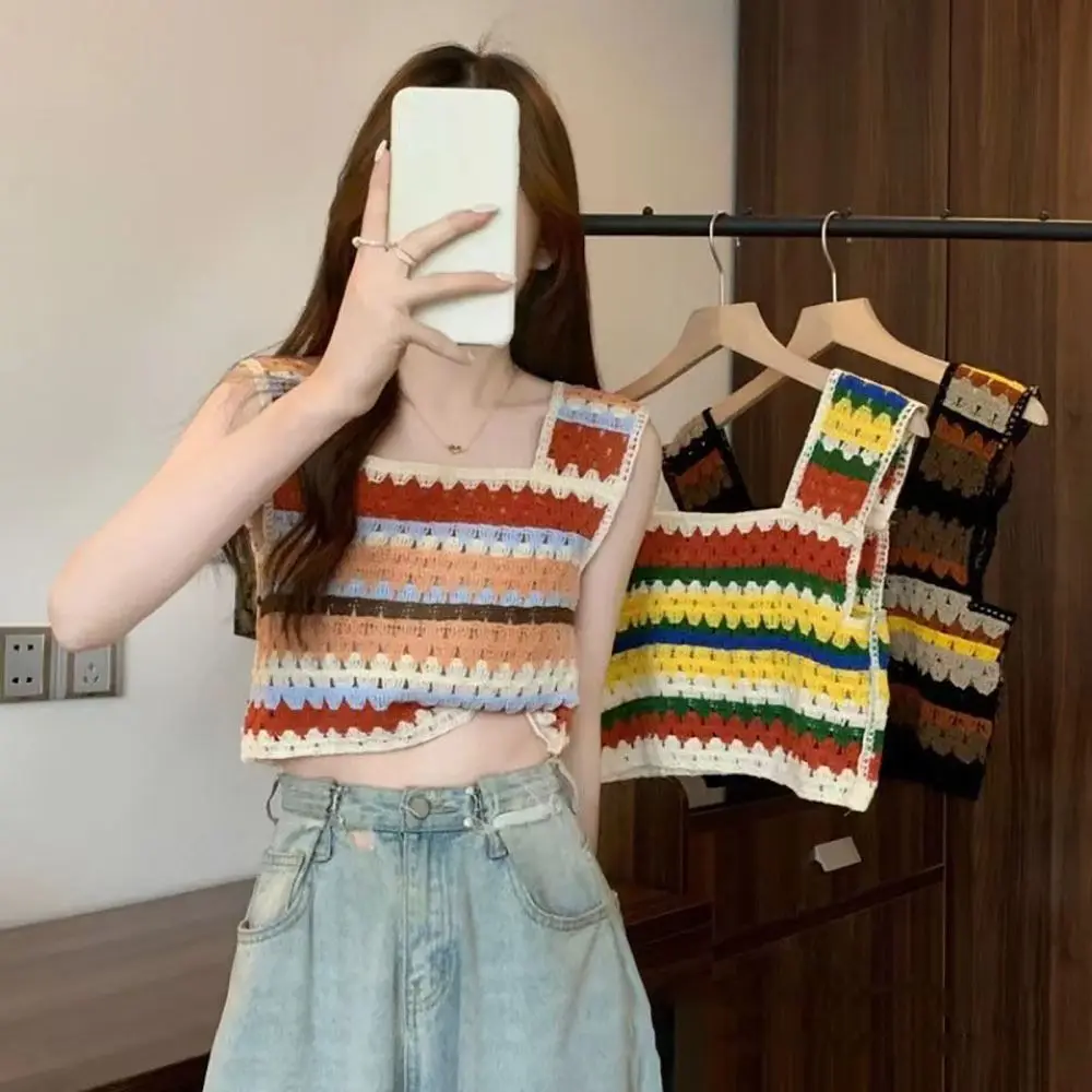 

Укороченные топы без рукавов, изысканный вязаный Топ без рукавов, топ с цветными полосками, Майки бикини