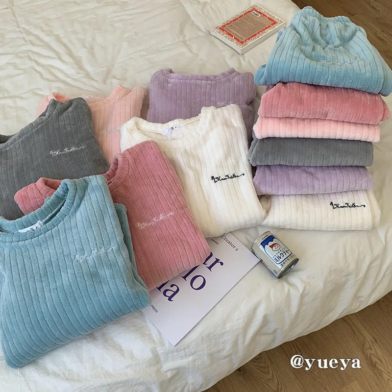 Autumn and winter flannel pajamas women's two-piece coral fleece homewear new loose casual women's striped simple pajamas women pajamas set