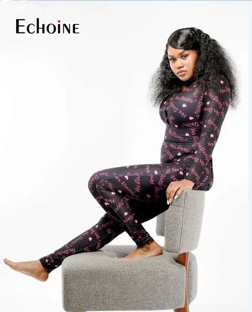 Echoine Womens Sexy printing Home Onesies Jumpsuit Sleepwear long Sleeve V Neck Bodycon Bodysuit Romper trousers pajamas 2