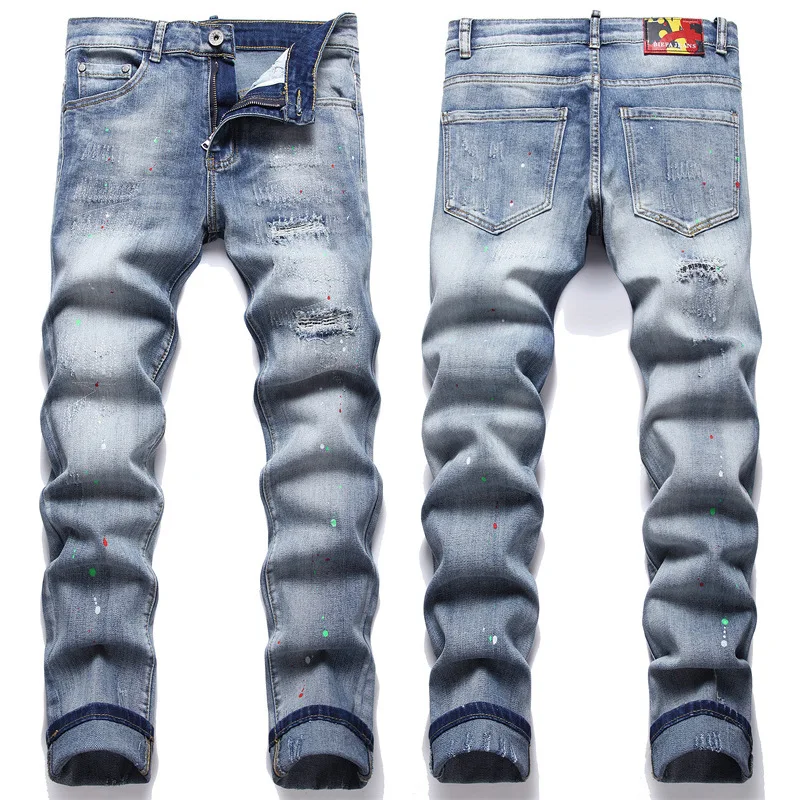 Jeans Da Uomo Quattro Stagioni Slim-Fit Stretch Cotone Da Uomo Ricamo Elastico In Pelle Mark Patch Rotta Linea Disordinata Moda Uomo Pan