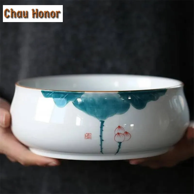 1800ML Hand Painted Lotus Ceramic Tea Wash Bowls Chinese Kung Fu Tea Accessories Retro Tea Bowl Teaware for Pu'er Oolong Storage