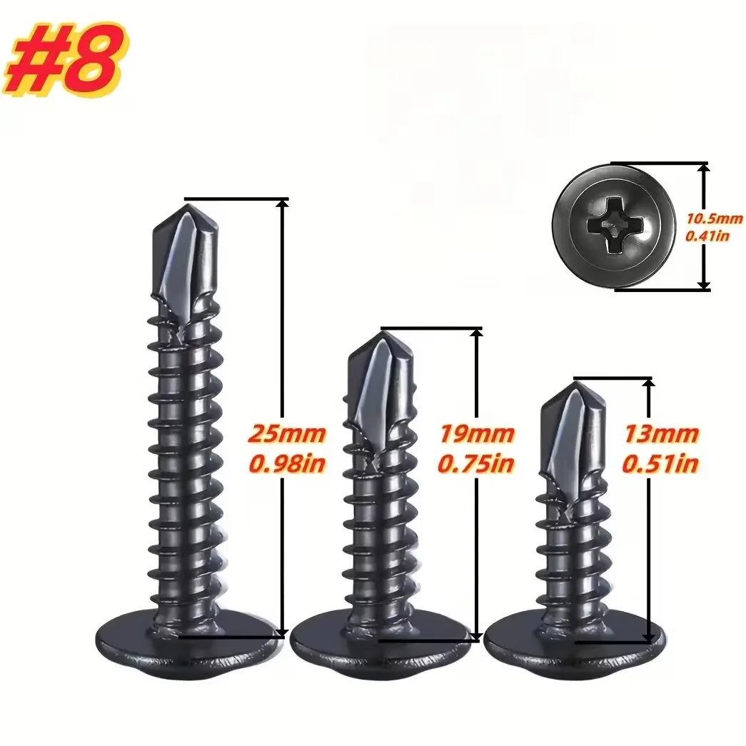 100/300팩 블랙 셀프 드릴링 TEK 나사 410 스테인리스 스틸 8.8 등급 필립스 헤드 13-25mm 녹 방지 금속/목재/플라스틱 DIY 수리용