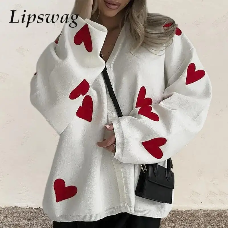 

Y2K Women V Neck Long Sleeve Sweater Coat Casual Single-breasted Looset Outerwear Tops Fashion Cute Heart Print Knitted Cardigan