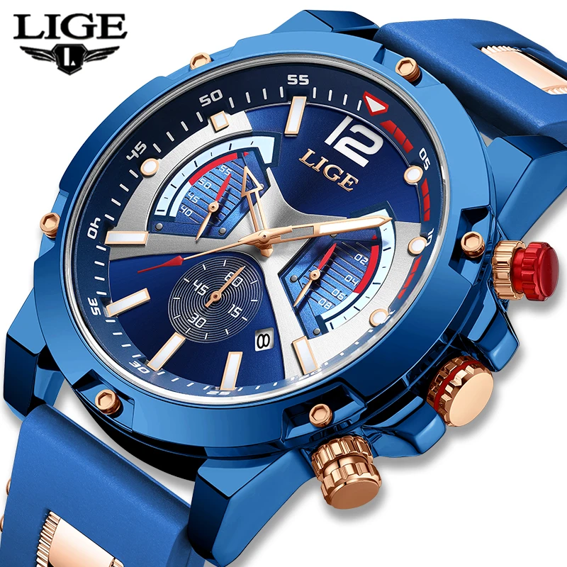 

LIGE New Fashion Mens Watches Top Brand Luxury Waterproof Wristwatch Chronograph Silicone Sport Watch For Men Quartz Date Clock