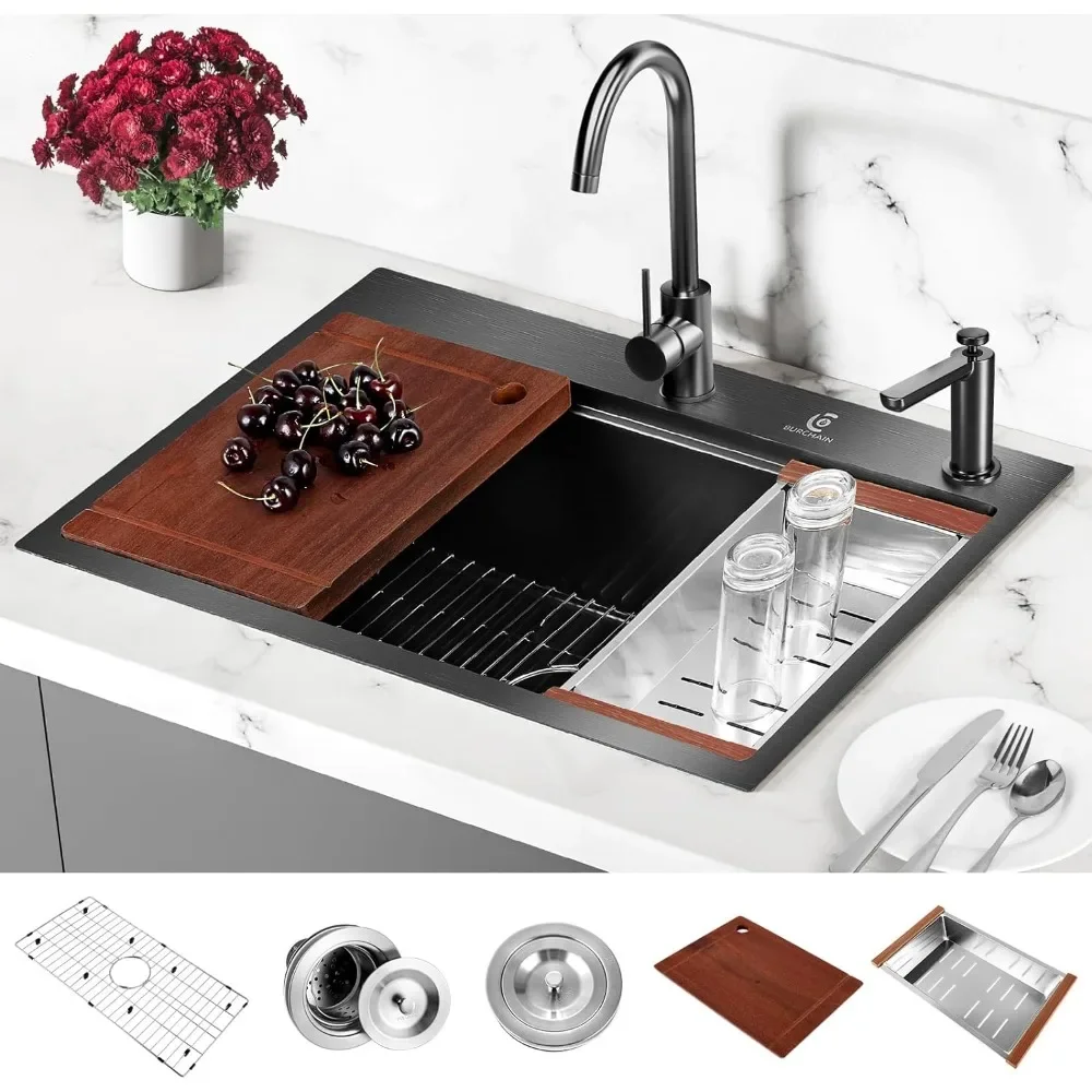 30 Inch Kitchen Sink, 16 Gauge Drop in Single Bowl Workstation Sinks 2-Hole Top Mount with 5 Accessories, Kitchen Sink