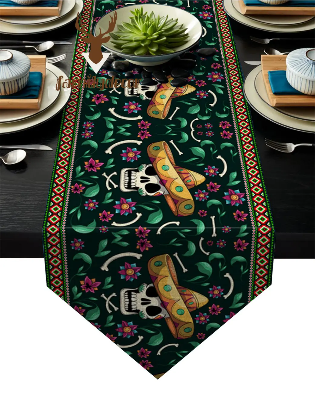 Mexican Skull Straw Hat Table Runner Table Flag Home Party Decorative