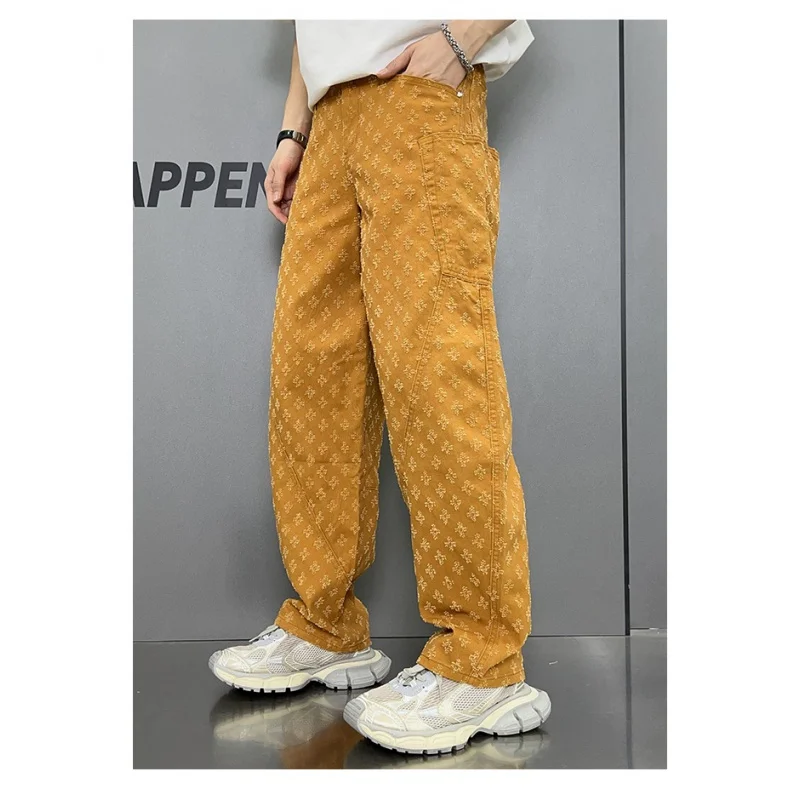 Personalized jacquard pattern jeans men's straight loose bottoms men's embossed loose jeans pumpkin-colored men's pants
