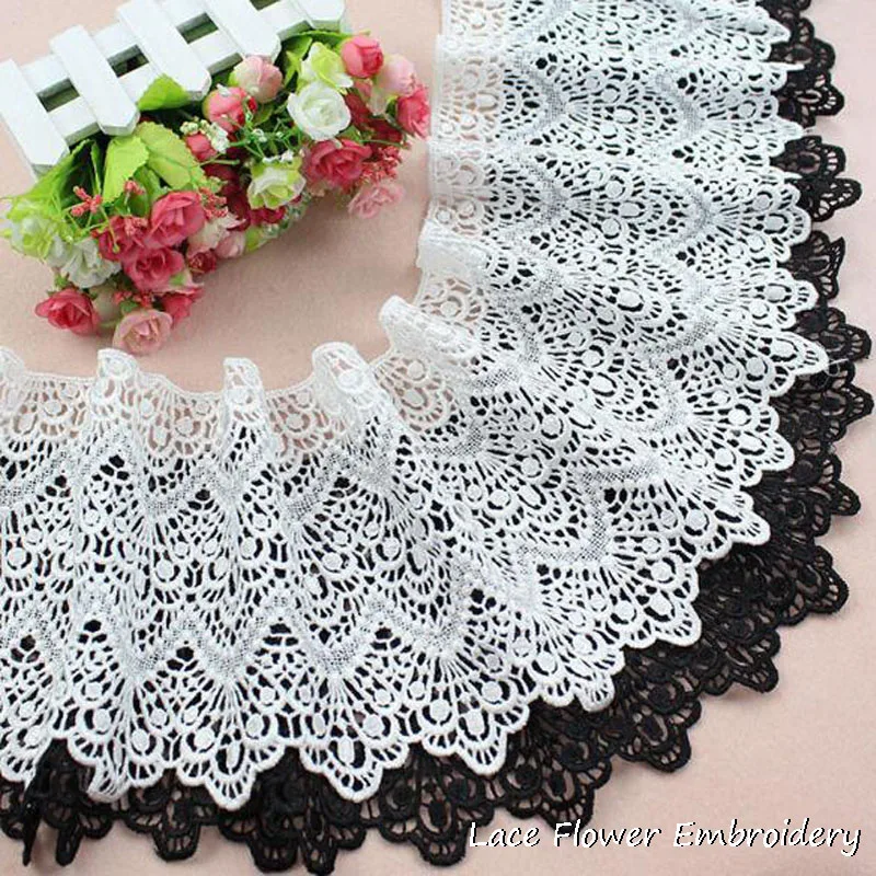 HOT Embroidery White black flower lace fabric trim ribbon 19CM Wide DIY sewing applique collar guipure Womens dresses decor lace ribbon lace fabric lace sewing accessories lace sewing supplies lace accessories lace garment accessories lace decoration