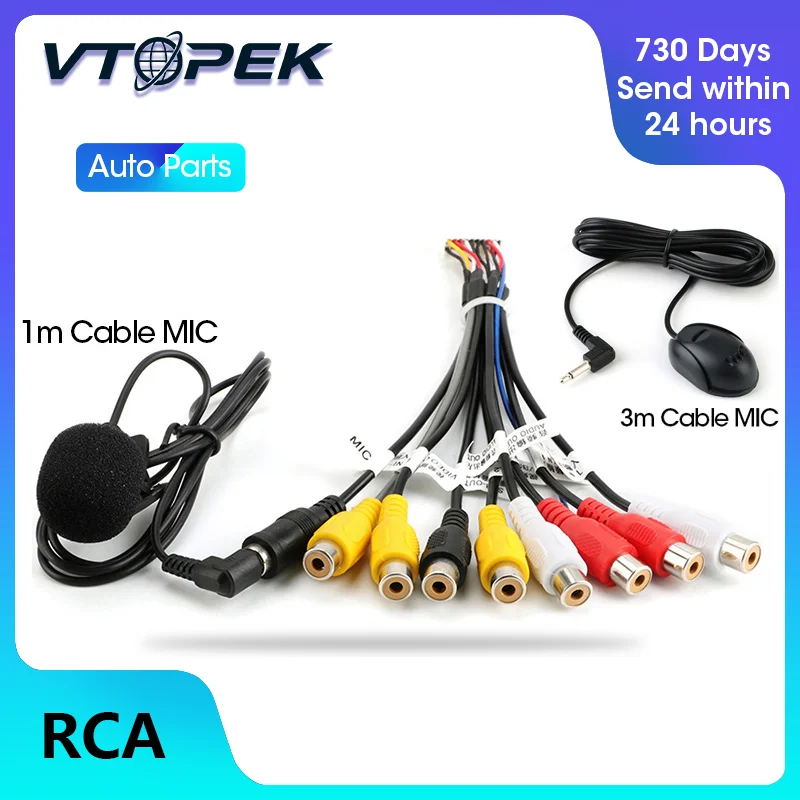 Vtopek 자동차 라디오 RCA 출력 와이어 케이블(마이크 포함) 비디오 출력/입력 오디오 서브우퍼 마이크 옵션