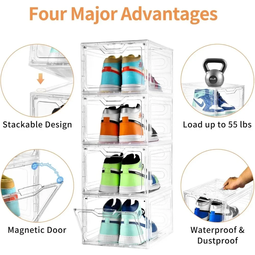 12 Pack Thicken Sturdy Clear Shoe Storage Organizer with Magnetic Door, Shoes Boxes Clear Plastic Stackable for Closet,Shoe Rack 5