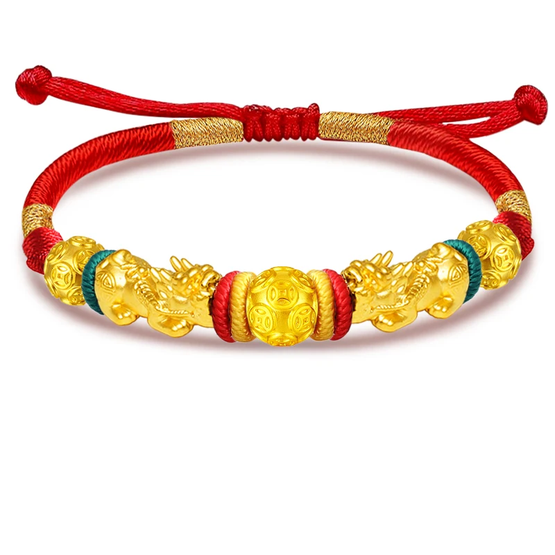 

Real 24K Yellow Gold 2pcs Rich Pixiu With 3pcs Gold Beads Red Cord Bracelet Adjustable 6.3" - 9.0"