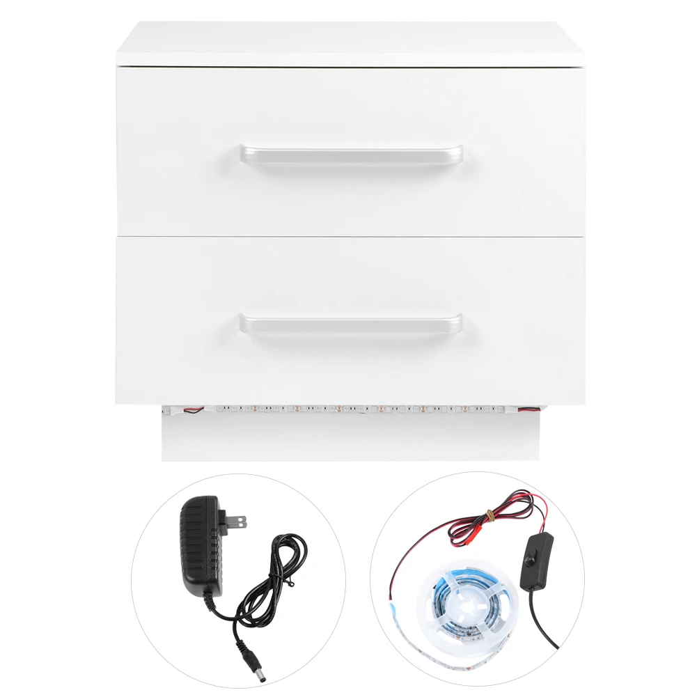 Modern Bedside Cabinet with LED Blue Light High Gloss Front Panel Nightstand with 2 Drawers for Home Bedroom Dining Room