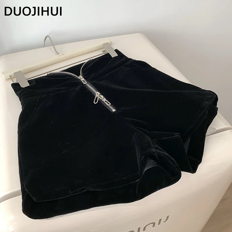 DUOJIHUI Autumn Black Chic High Waist Female Shorts Classic Loose A-line Fashion Zipper Simple Solid Color Casual Women's Short