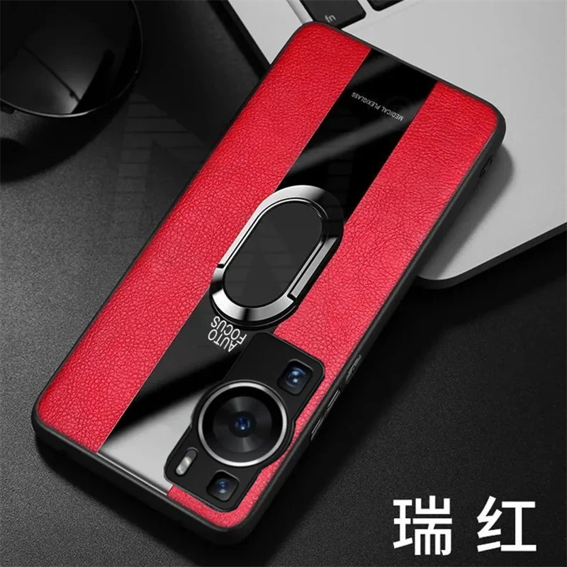 Luxurious Magnetic PU Leather Case with Ring Holder - Shockproof Bumper
