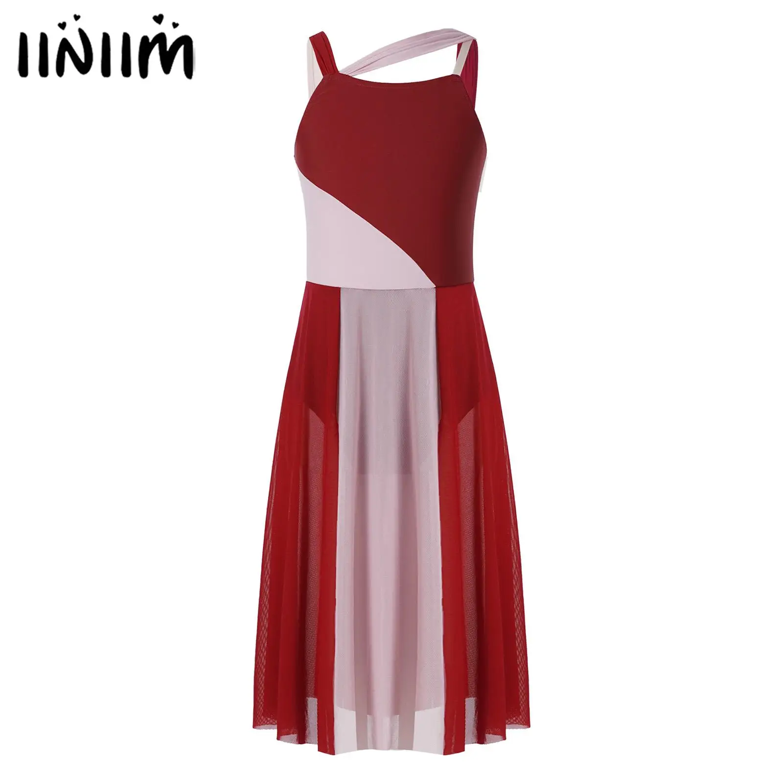 

Kids Girls Sleeveless Mesh Shoulder Straps Color Block Leotard Dress for Lyrical Modern Dance Costume Dress