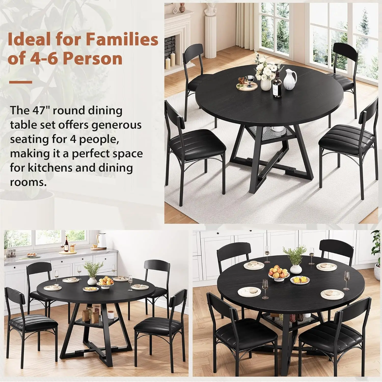 new-4, Kitchen Table and Chairs for 4, Circle Table Round Pedestal Dining Room Dinner Dinette Table Set,5 Piece Space Saving Woo