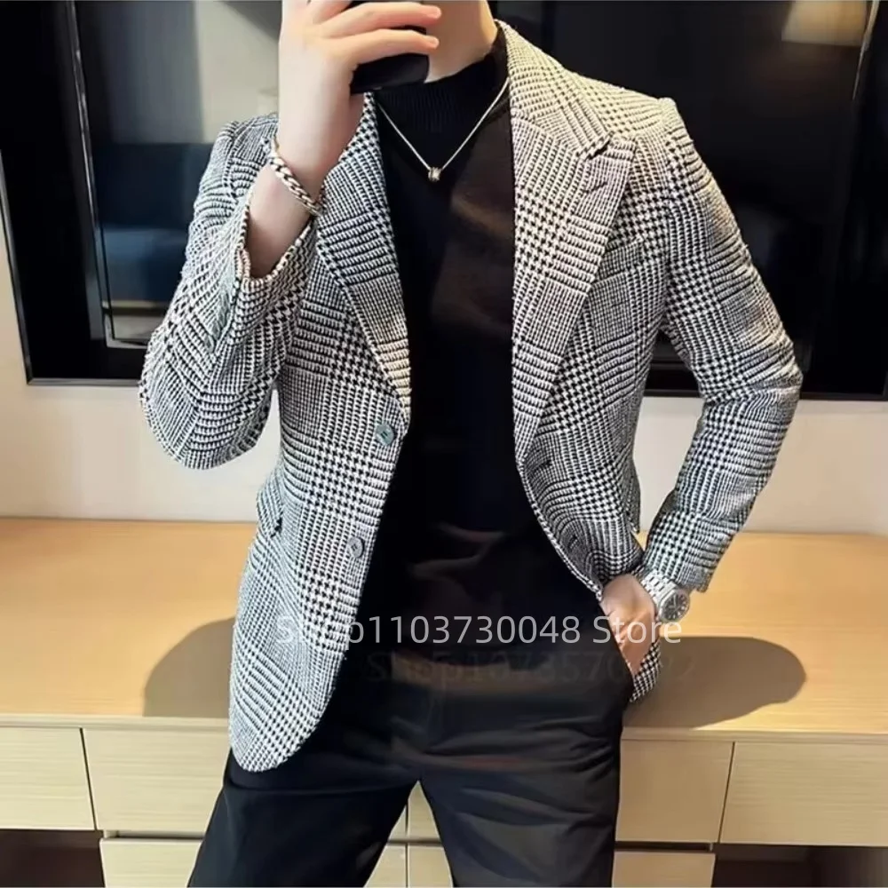 Casual Men's Houndstooth Suit Blazer Peak Lapel Single Breasted Two Buttons Jacket Prom Party Tuxedo Business Wedding One Coat