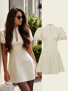 Retro Polka Dot Mini A-line Dress Elegant Stand Collar Puff Short Sleeve Waist-cinching Dresses 2026 New Lady Party Gowns 1