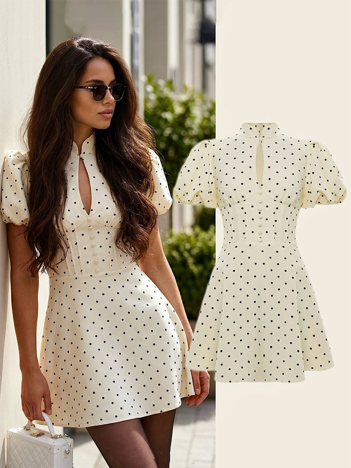 Retro Polka Dot Mini A-line Dress Elegant Stand Collar Puff Short Sleeve Waist-cinching Dresses 2026 New Lady Party Gowns