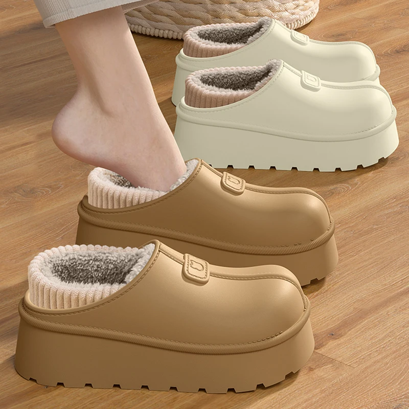 2025 Eva Waterproof Plush Slippers Women Lightweight Warm Chunky Platform Slippers Woman Thick Sole Non Slip Cotton Padded Shoes