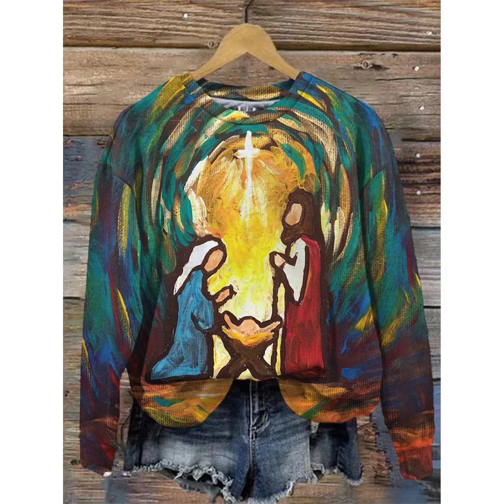 

Women's Christmas Nativity Print Sweatshirt O Neck Long Sleeve Top Autumn Fashion Casual Pullover Retro Ladies Sweater Clothing