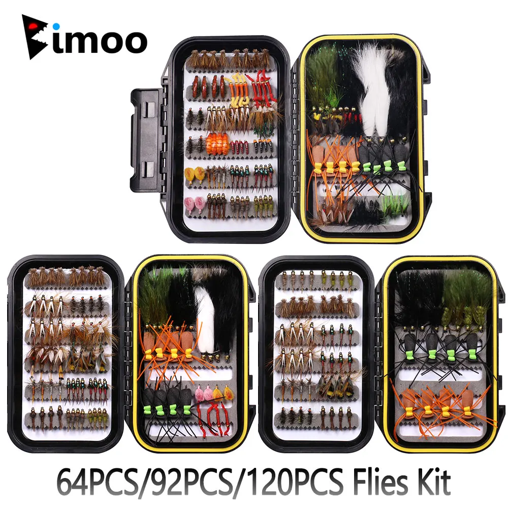 64-teiliges, 92-teiliges, 120-teiliges Nass- und Trockenfliegen-Set für Nymphen, Woolly Buggers, Streamer, Emerger, Würmer, Bass, Forelle, Grauforelle, Panfish – Angelköder