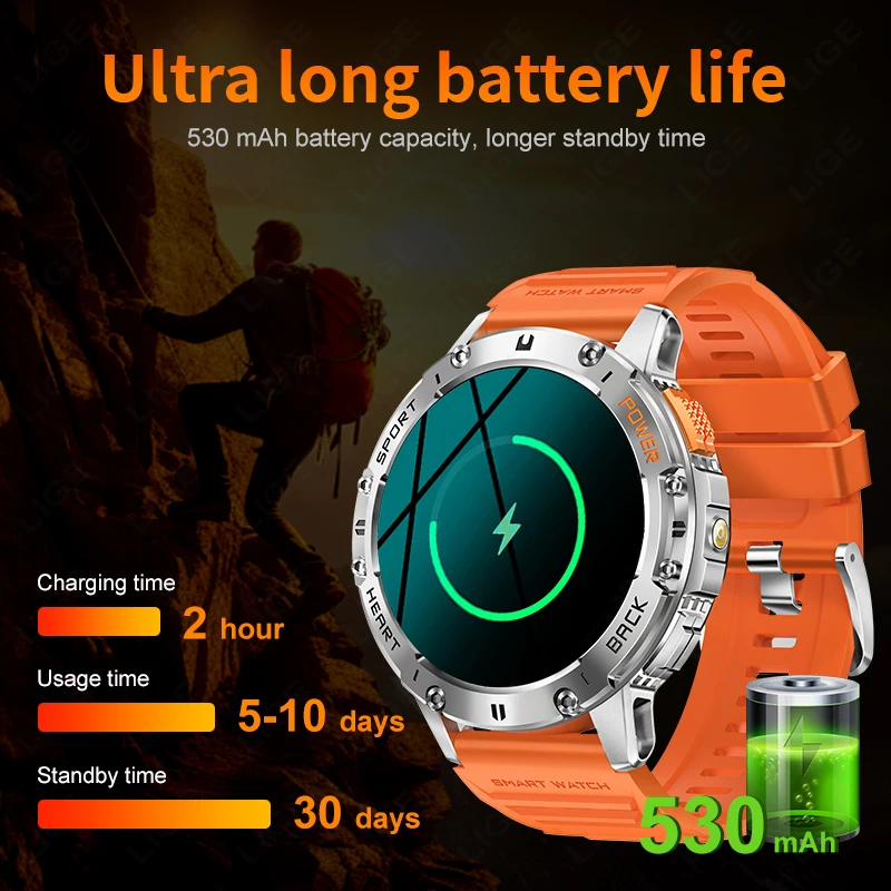 LIGE 530mah Large Battery Ourdoor Smartwatch Men BT Call Sports Fitness Bracelet With Flashlight AMOLED Waterproof Smart Watches
